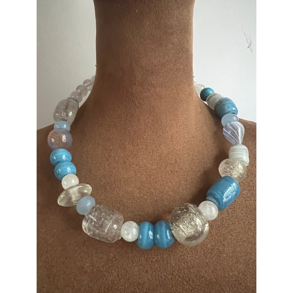 Blue White Glass Bead Memory Wire Statement Necklace 20 Inch Cottagecore